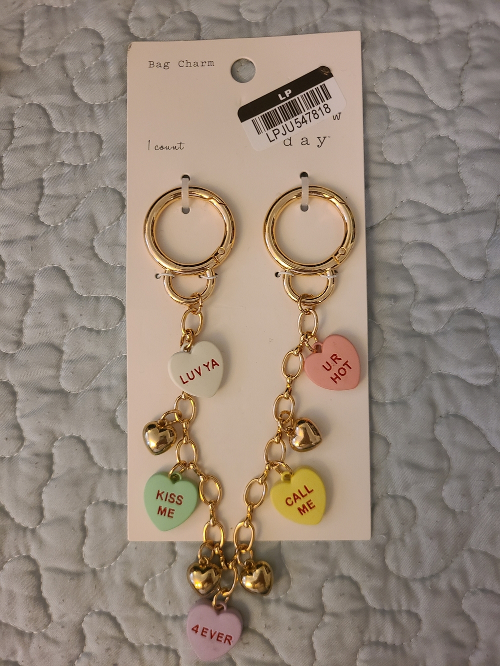 a new day Gold Tone Bag/backpack Keychain Charm with Pastel Conversation Hearts